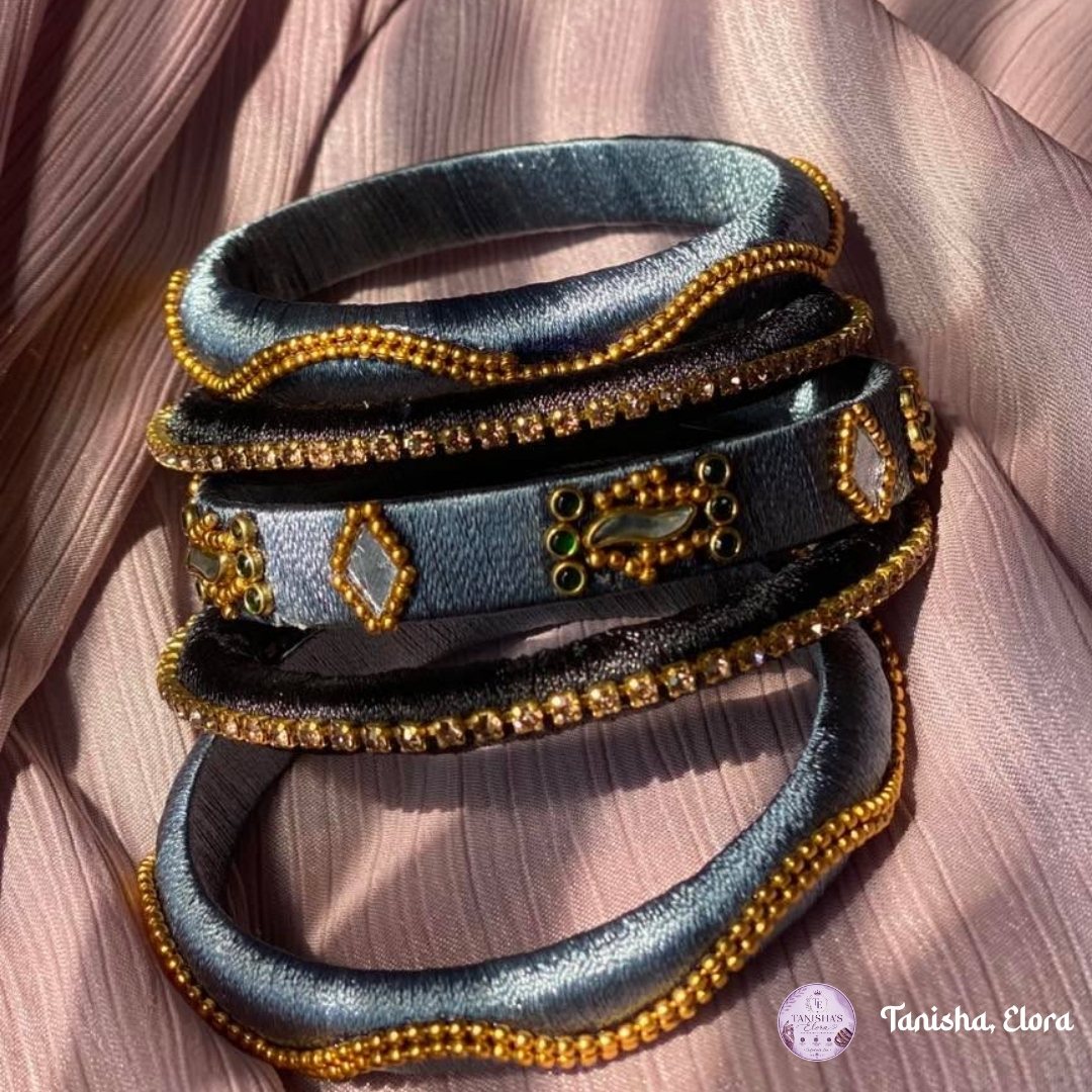 Slate-grey silk thread Churi bangles trimmed with gold