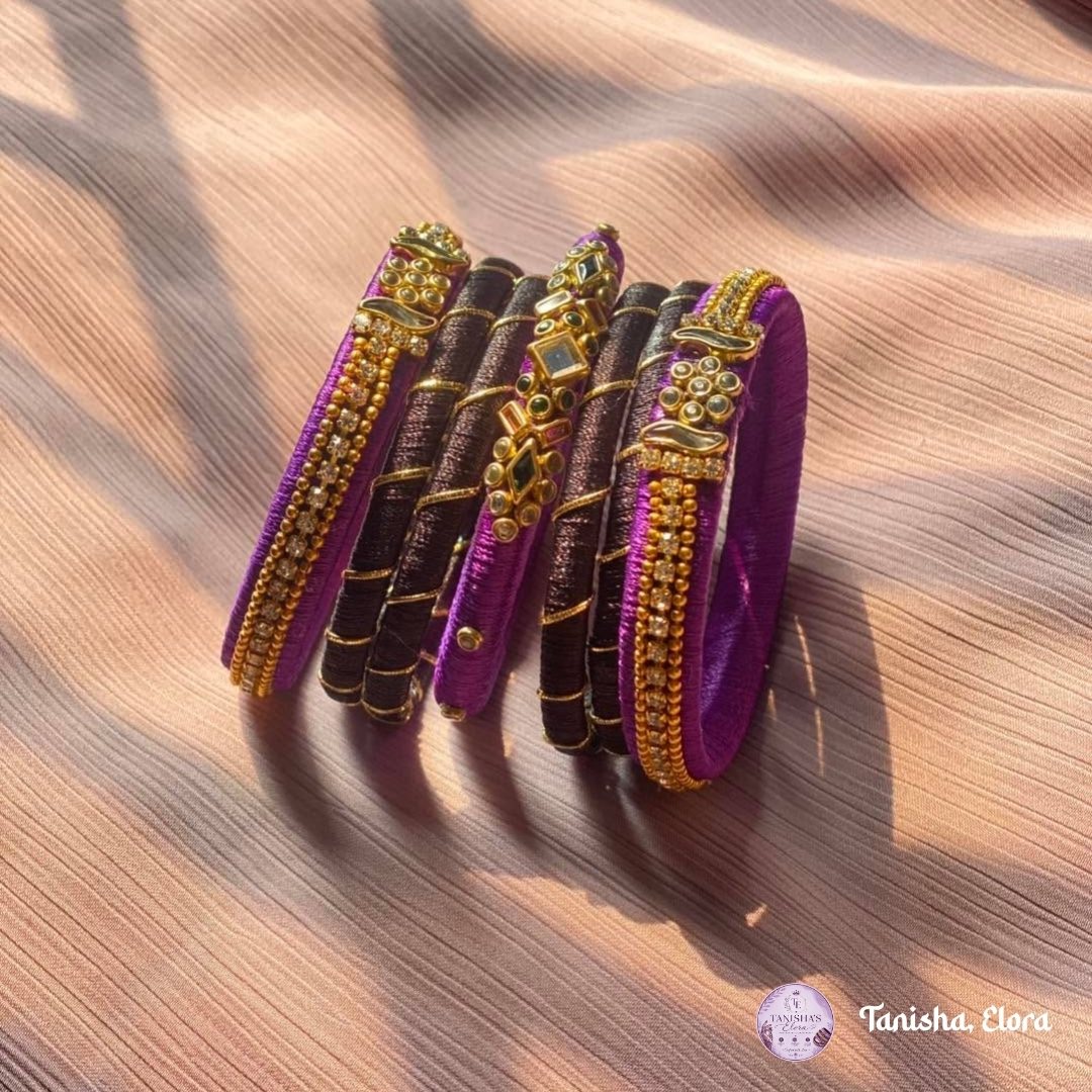 Deep plum and gold Churi bangles with stonework