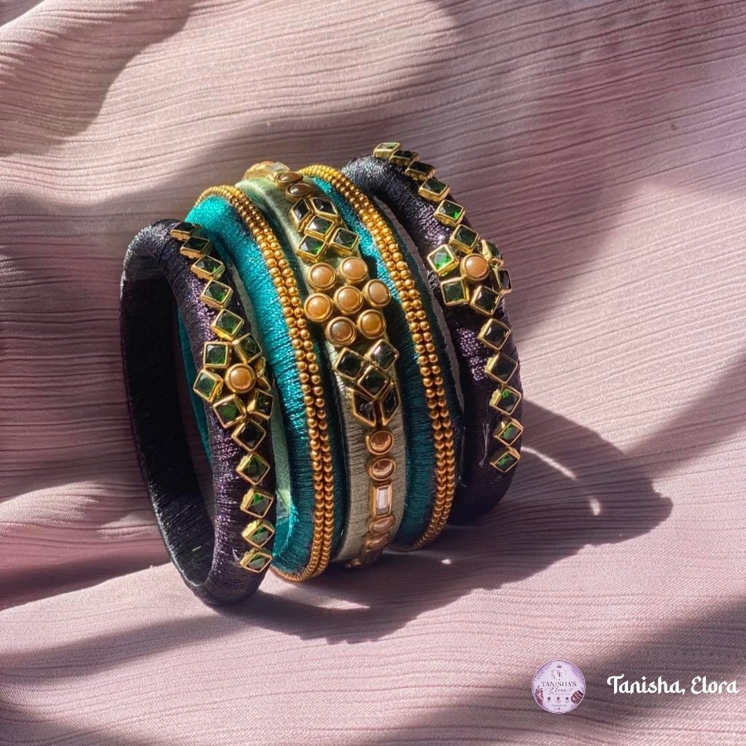 Teal and emerald Churi bangles set with gold beadwork