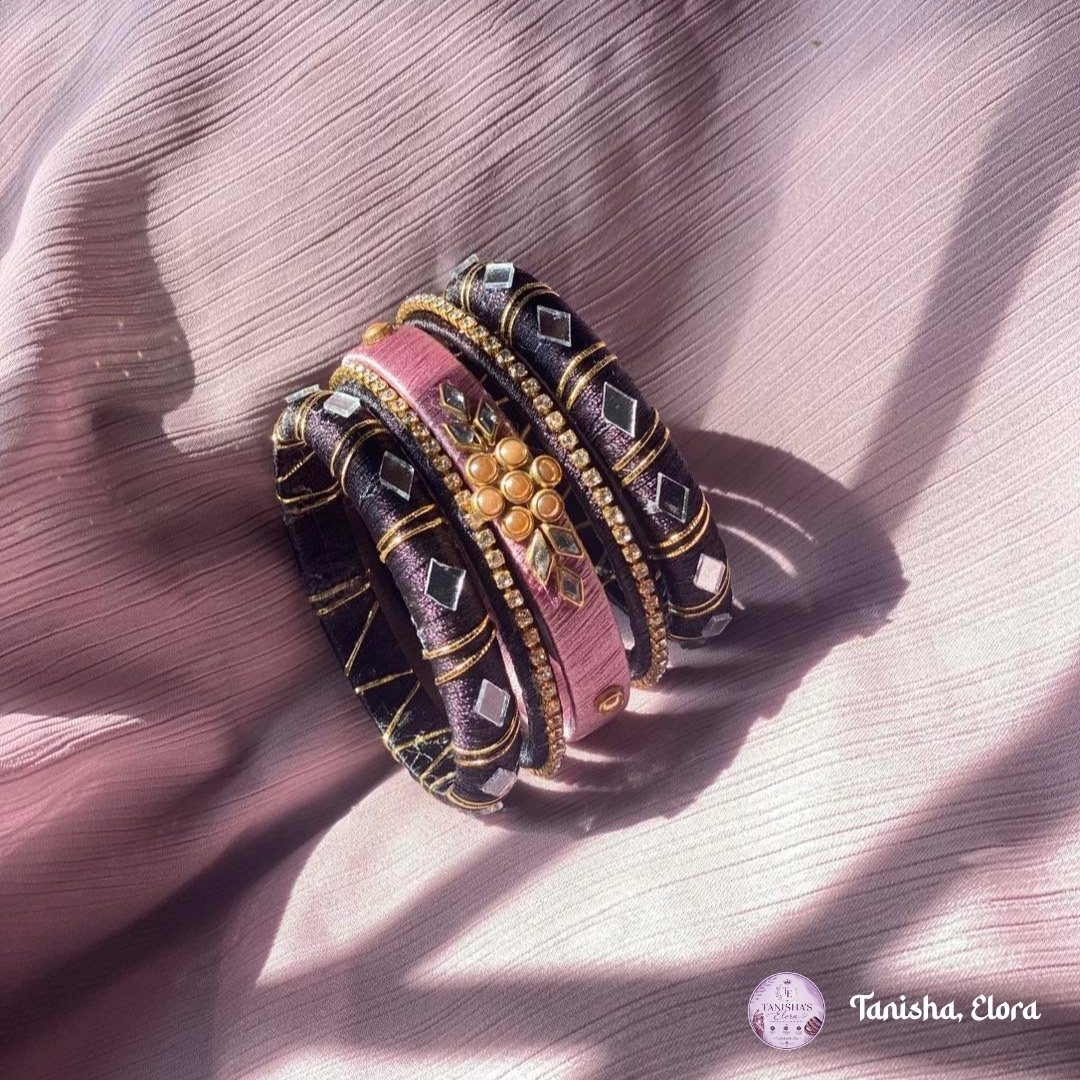 Black and blush Churi bangles with mirror-work and crystal