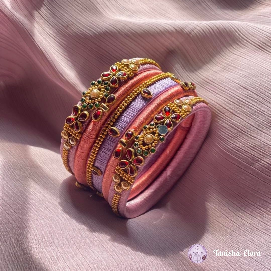 Handmade pink and lavender jewelled Churi bangle set