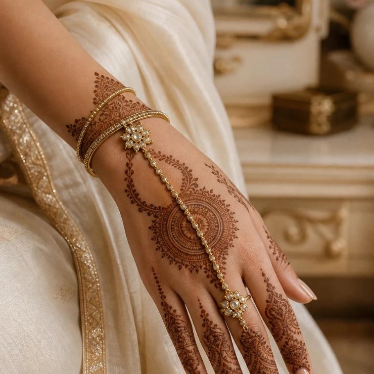 Mehendi-decorated arm with gold bangles against ivory silk