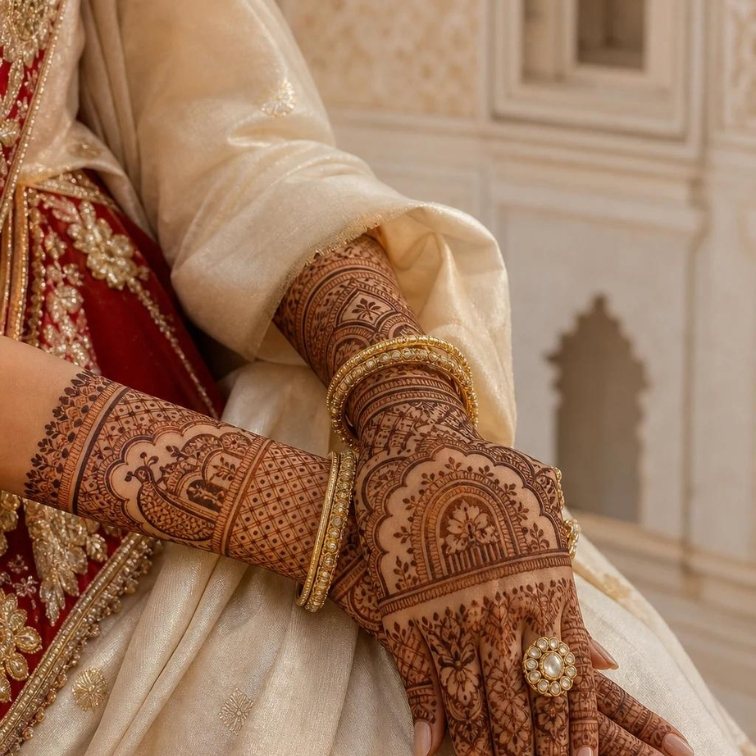 Mehendi-decorated arm against a heritage architectural backdrop